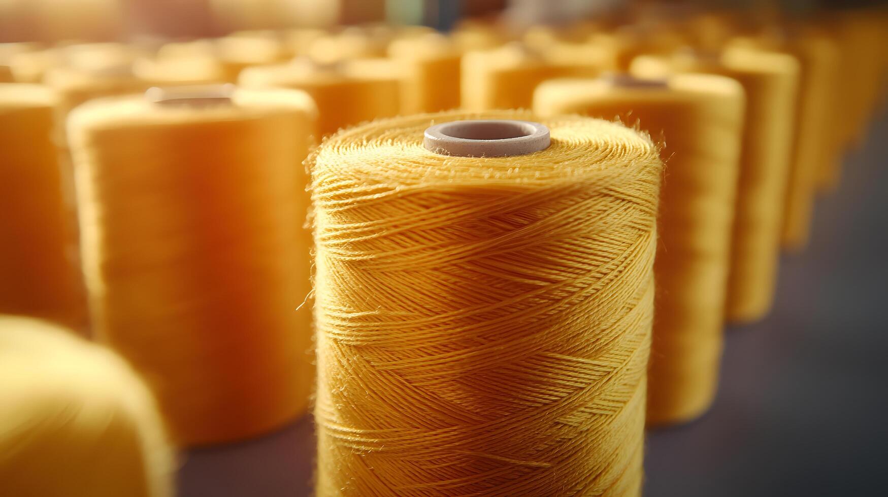 Multiple yellow thread spools arranged in rows demonstrate textile manufacturing materials, featuring macro details of cotton thread bobbins with soft-focus background effects. production photo