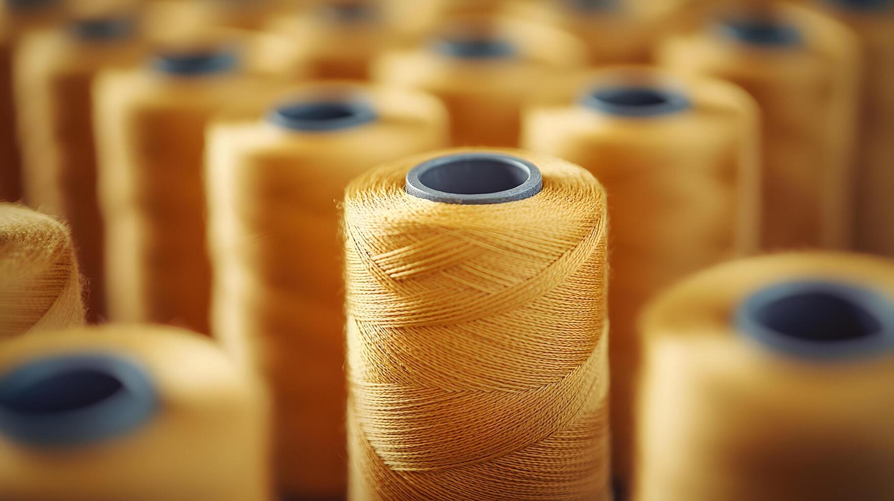 Multiple yellow thread spools arranged in rows demonstrate textile manufacturing materials, featuring macro details of cotton thread bobbins with soft-focus background effects. rows photo