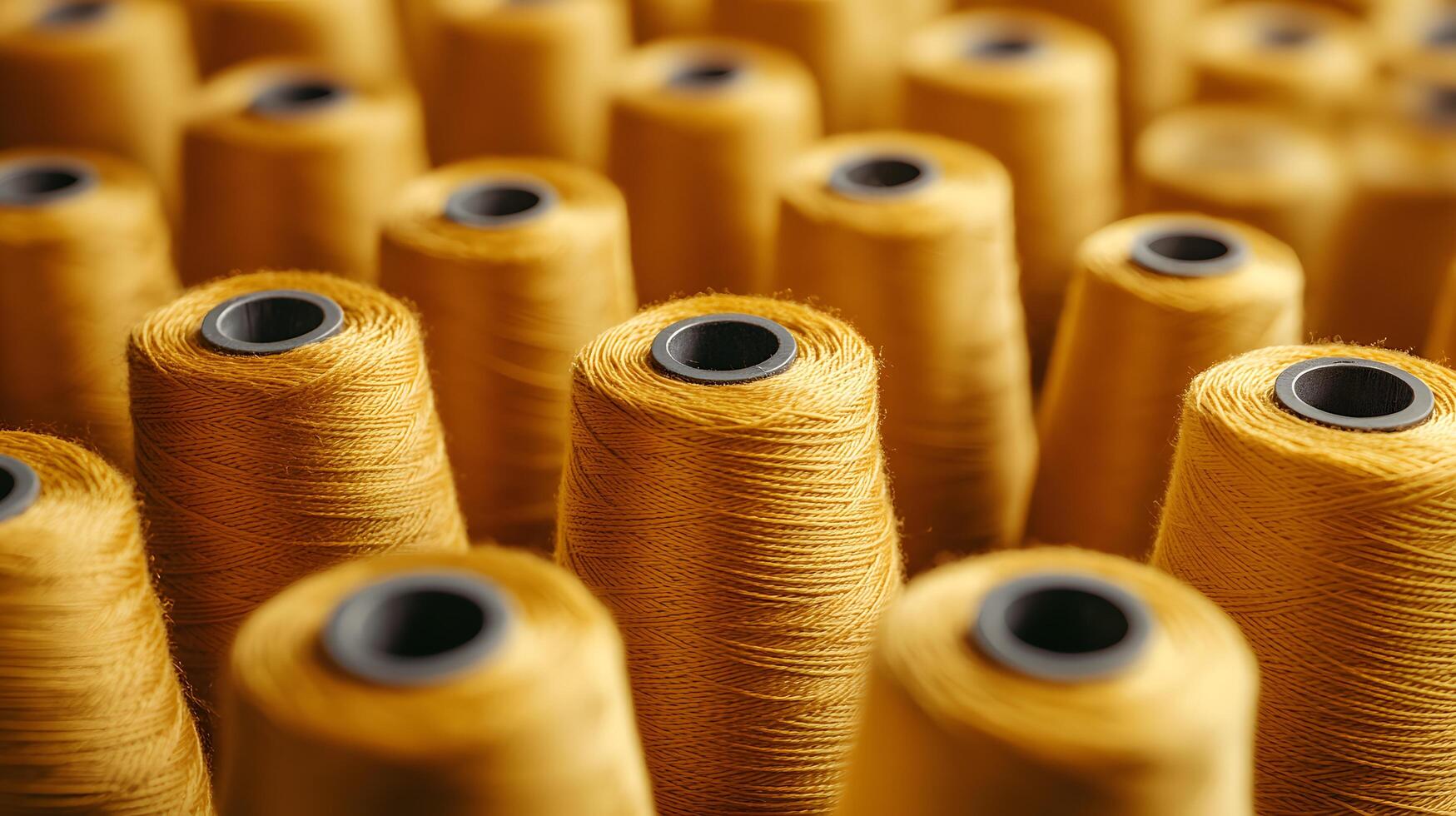 Multiple yellow thread spools arranged in rows demonstrate textile manufacturing materials, featuring macro details of cotton thread bobbins with soft-focus background effects. fiber photo