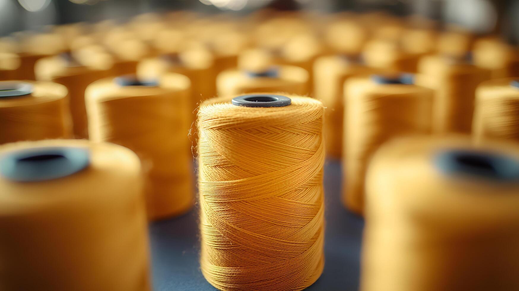 Multiple yellow thread spools arranged in rows demonstrate textile manufacturing materials, featuring macro details of cotton thread bobbins with soft-focus background effects. systematic photo