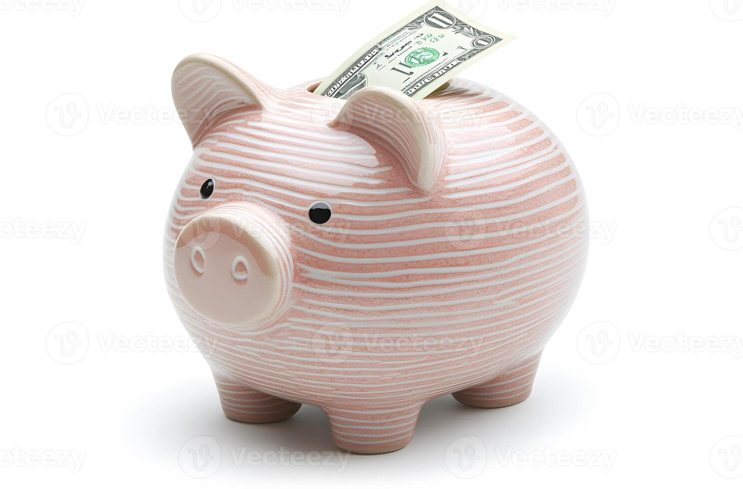 Pink Striped Piggy Bank Saving One Dollar Bill photo