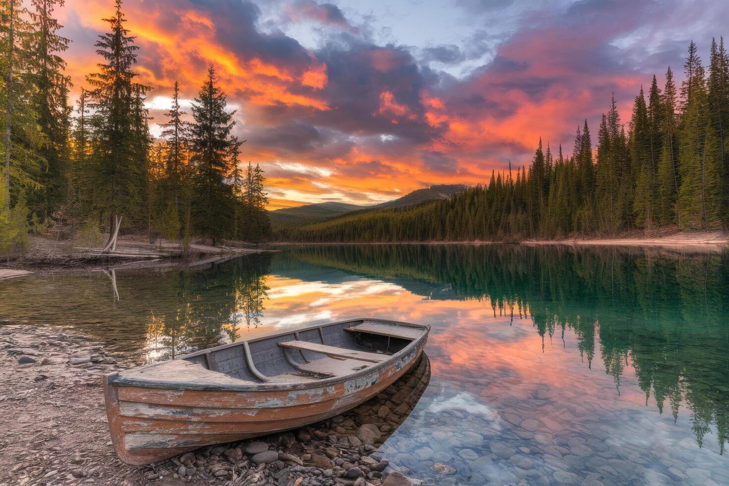 A serene Lakeside Landscape at Sunset, with Crystal-clear Water Reflecting the Vibrant Orange. photo