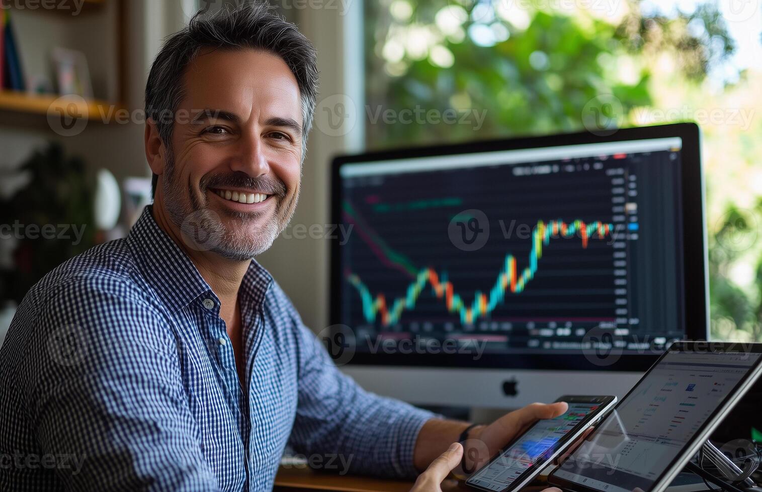 a man smiling while holding a tablet and laptop photo