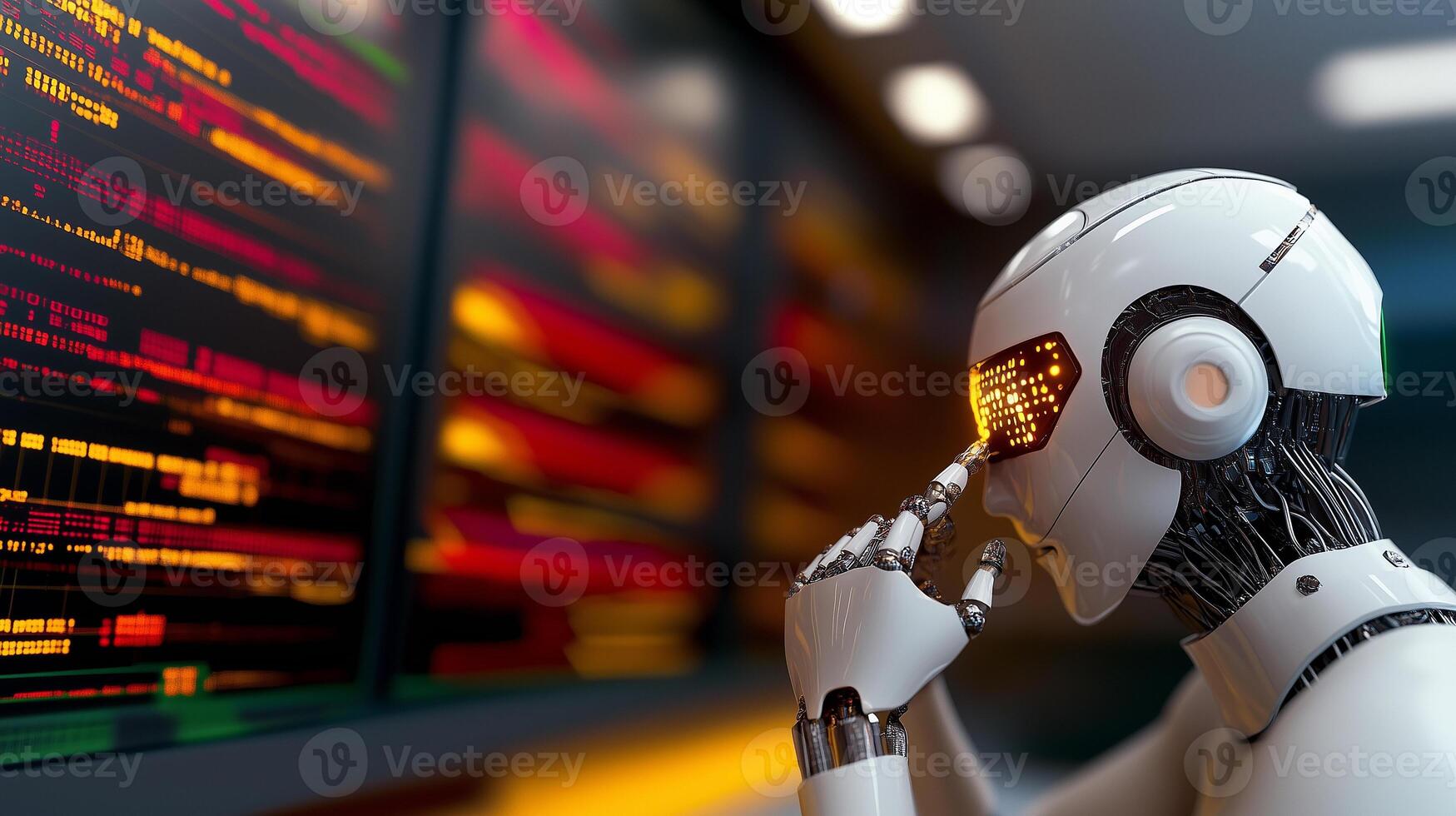 AI humanoid working in a high-stakes environment, such as a control room, managing multiple screens with real-time data photo