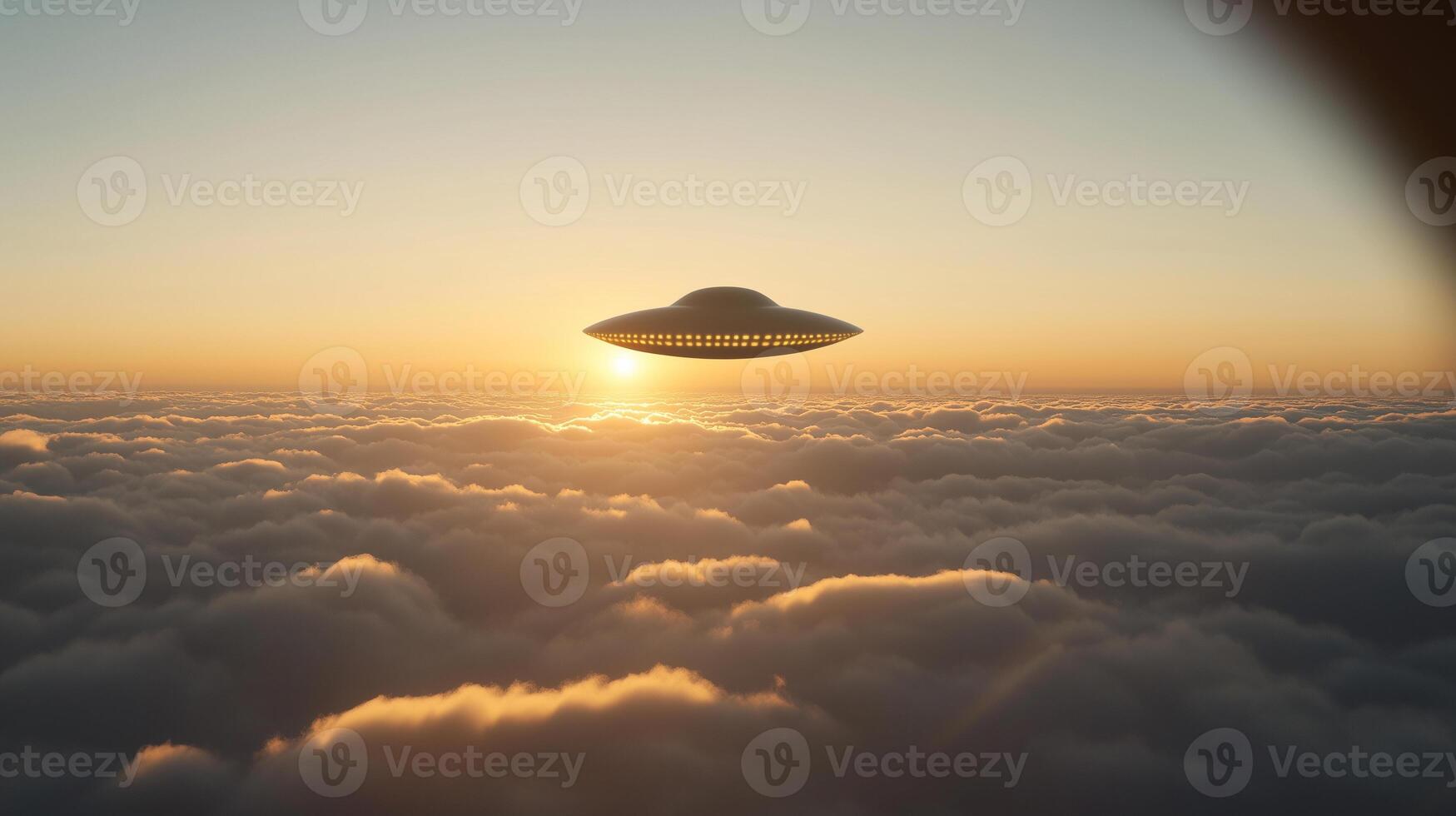 ufo flying over the thick clouds, bright afternoon sunny sky, view from the isles on airplane photo