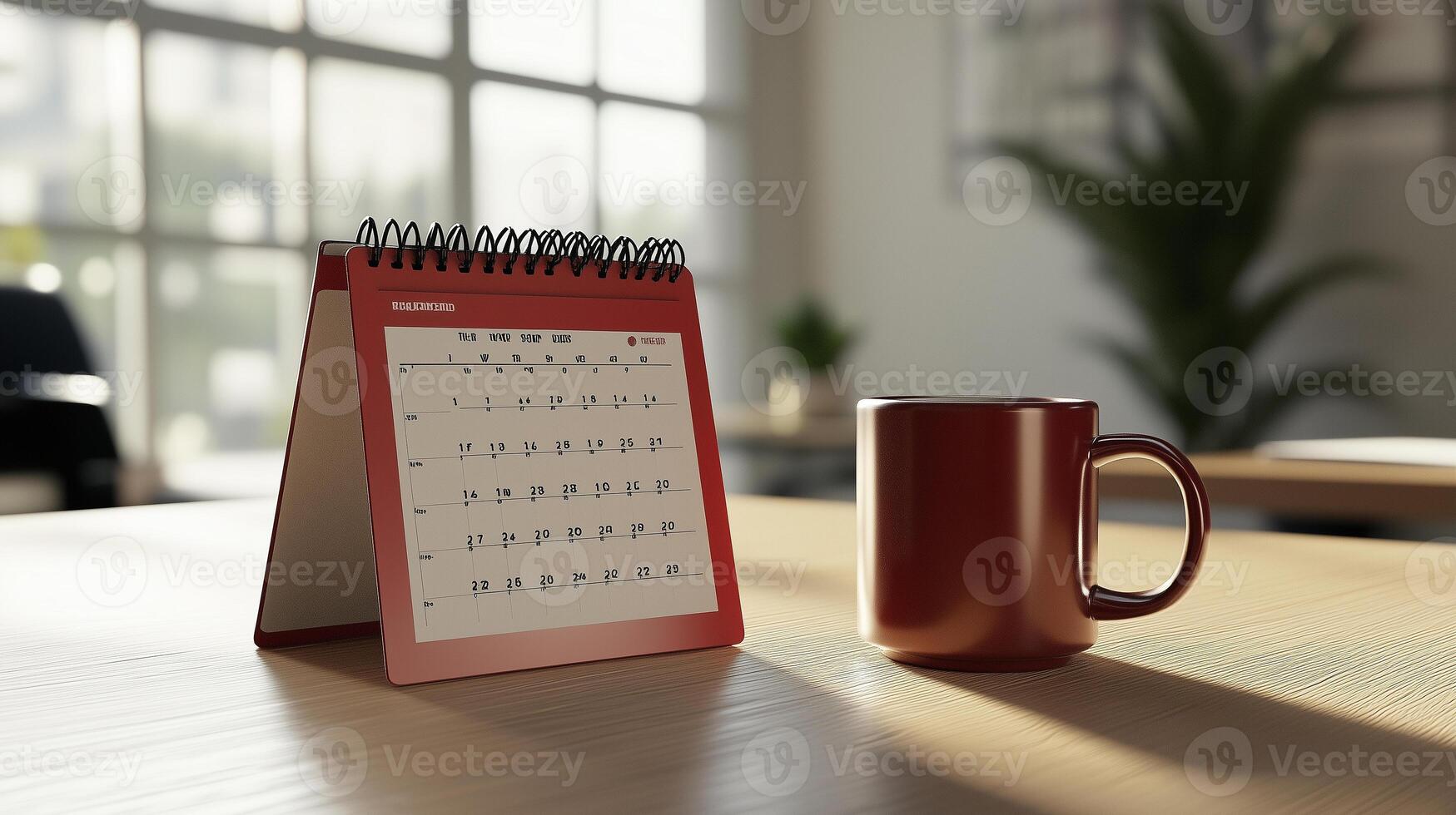 Desk with a calendar and a mug in a bright office photo