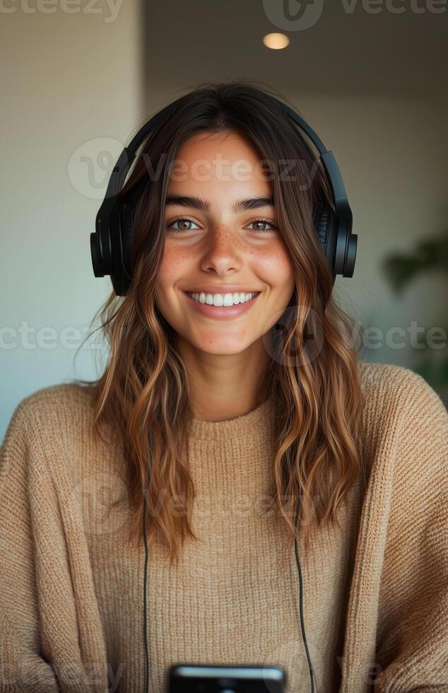 a woman wearing headphones while holding a smartphone photo