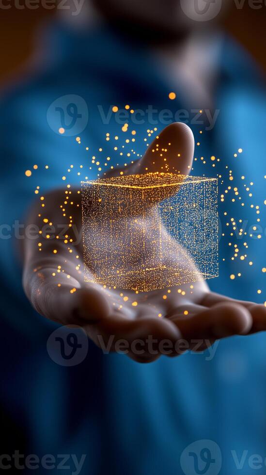hand holding a holographic NFT cube photo