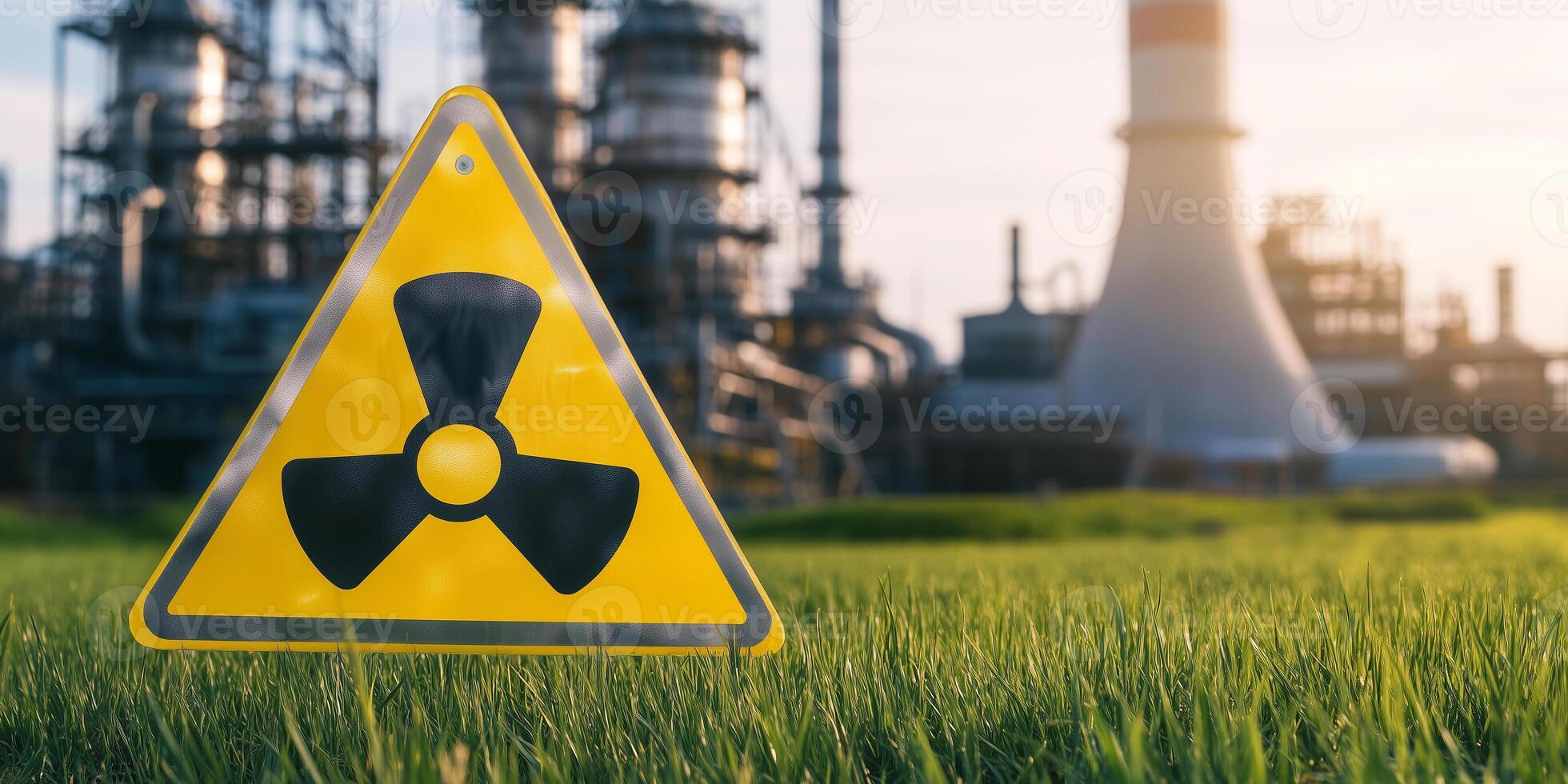 radioactive alert sign awareness on the grass field with blur old factory background photo