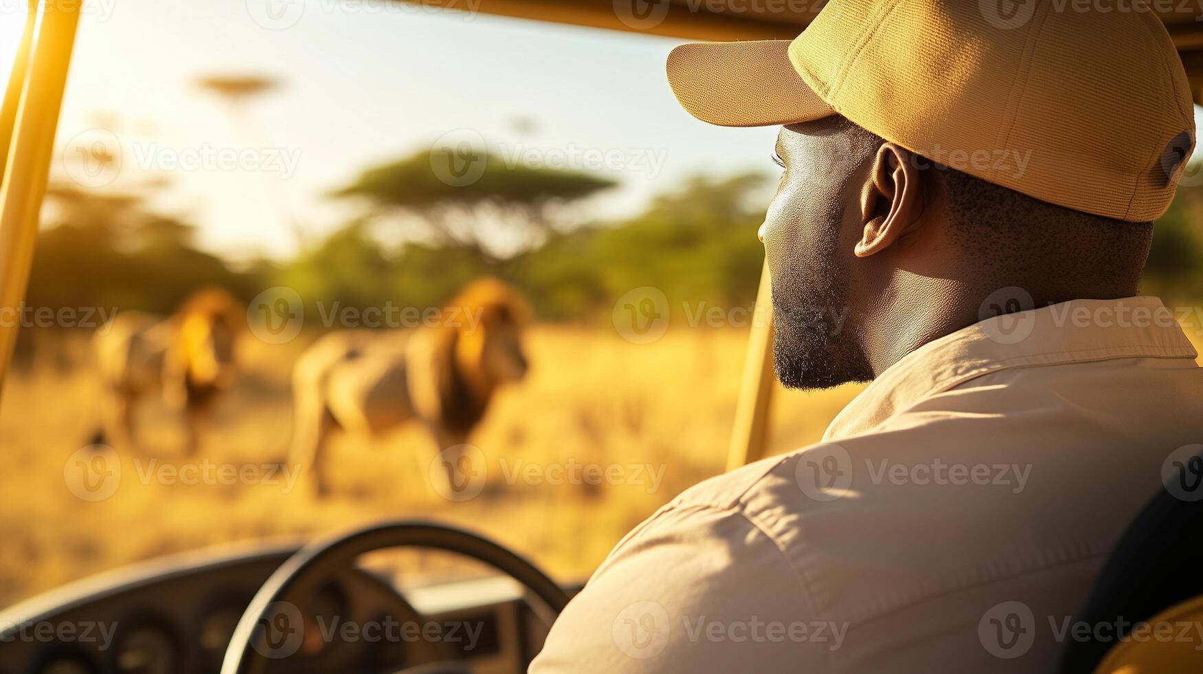 rear view of the leader of a safari sitting on the safari buggy at sunset photo