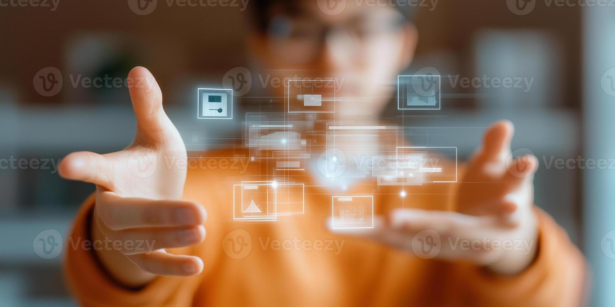 hands on blank Holographic squares floating, simulate a store projected interactive experience photo