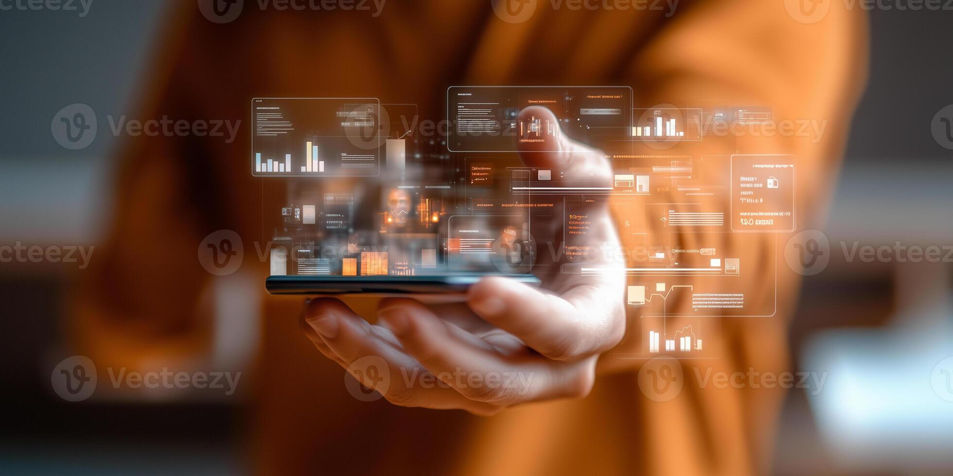 a person holding a smartphone with a business graph on it photo