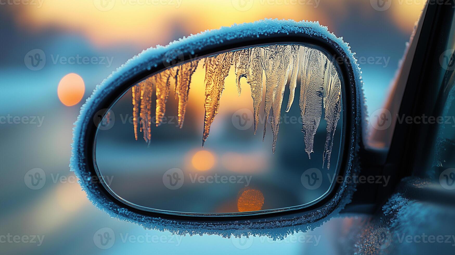 a car side view mirror with ice on it photo