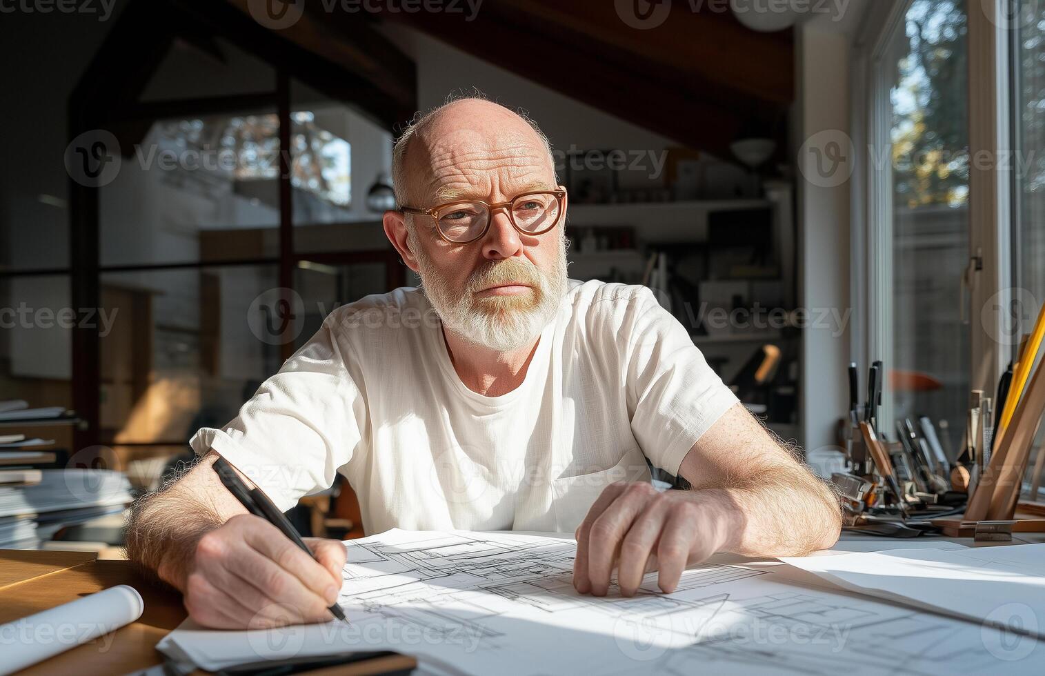 an older man sitting at a table with a pen and paper photo