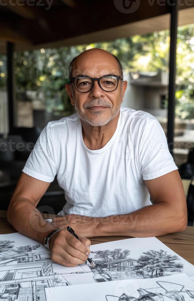 a man in glasses sitting at a table with drawings photo