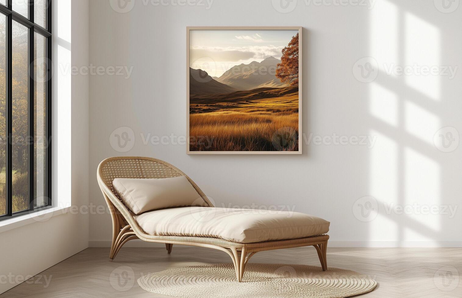 a chair in front of a window with a painting on the wall photo