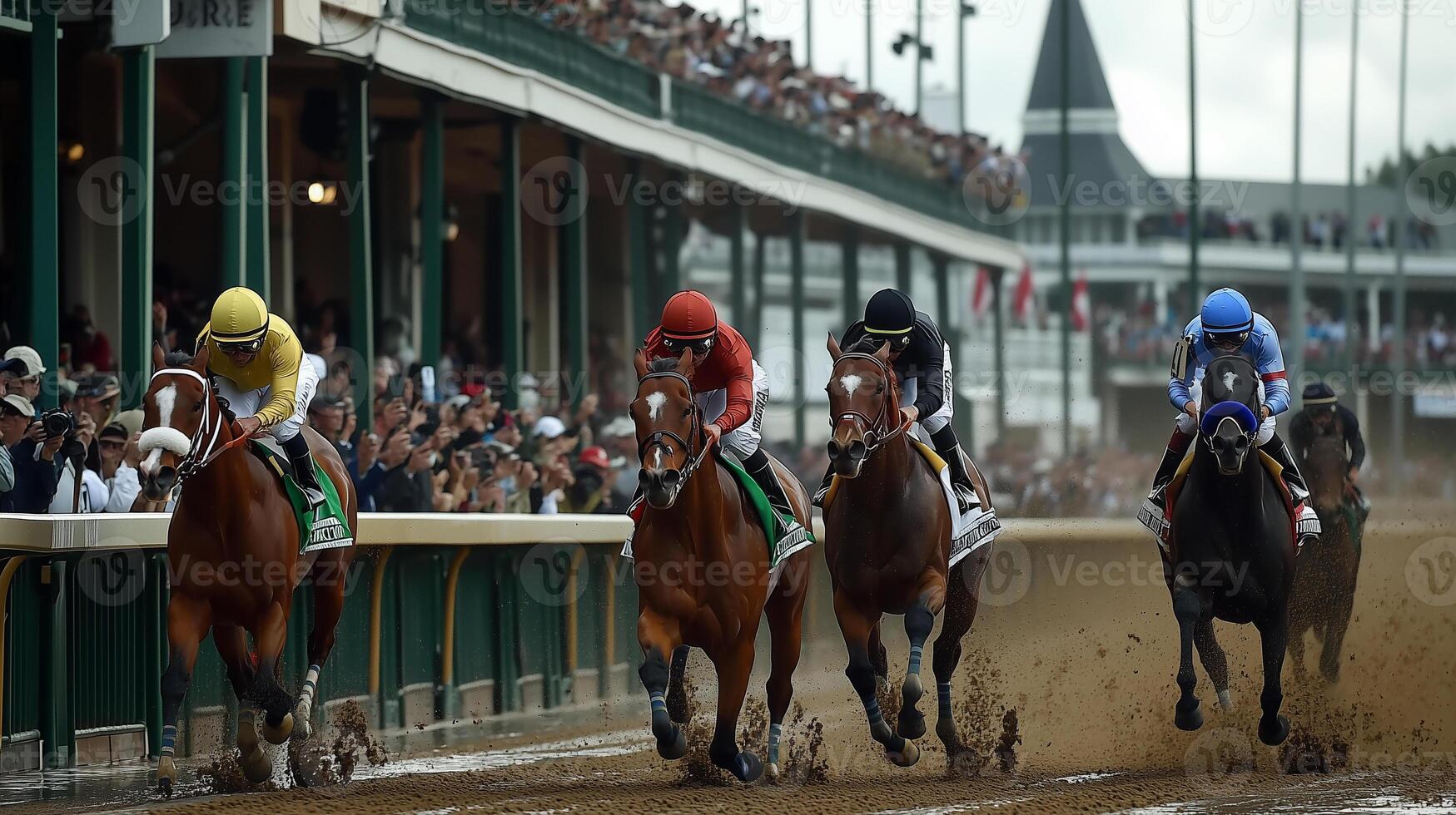 horses race down the track during a race photo