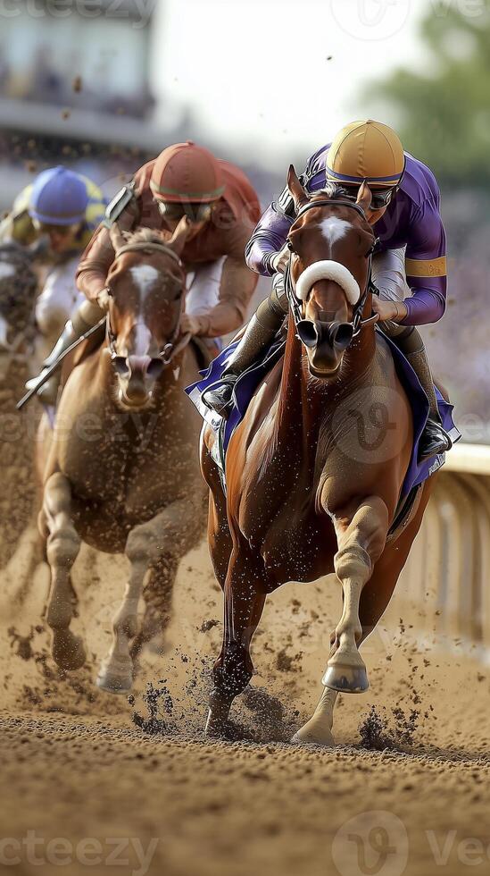 three jockeys race horses down a dirt track photo