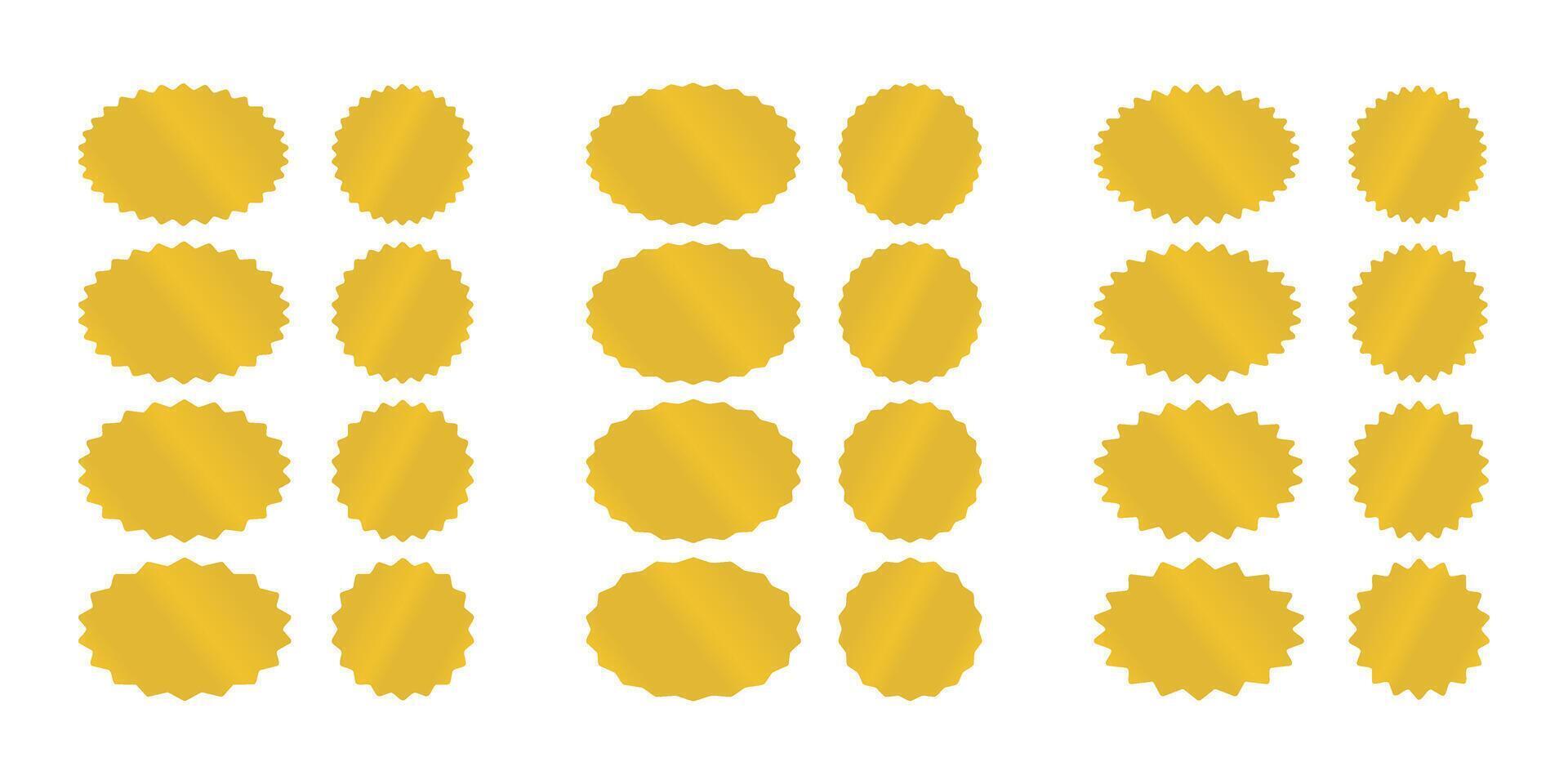 Gold starburst sticker collection, star label collection, round badge. Design for sales promo, poster, social media, web. vector