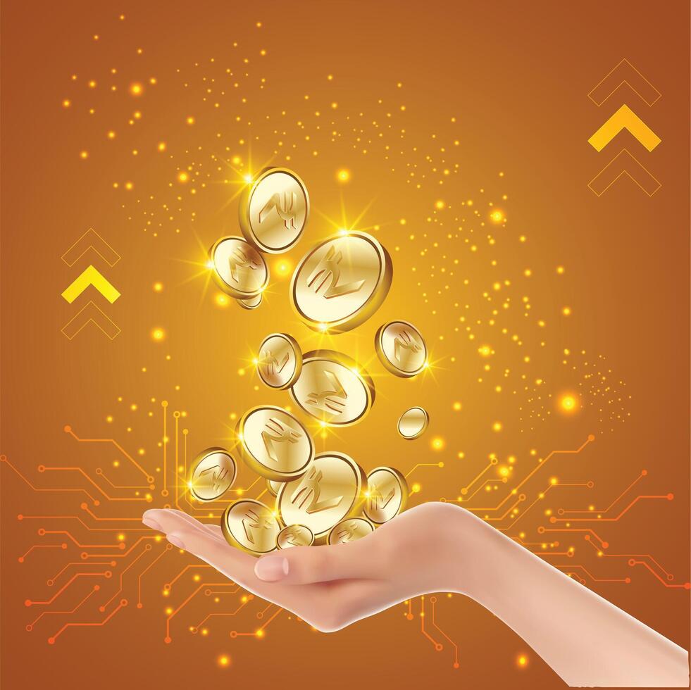 Indian gold coins flowing and hand background vector