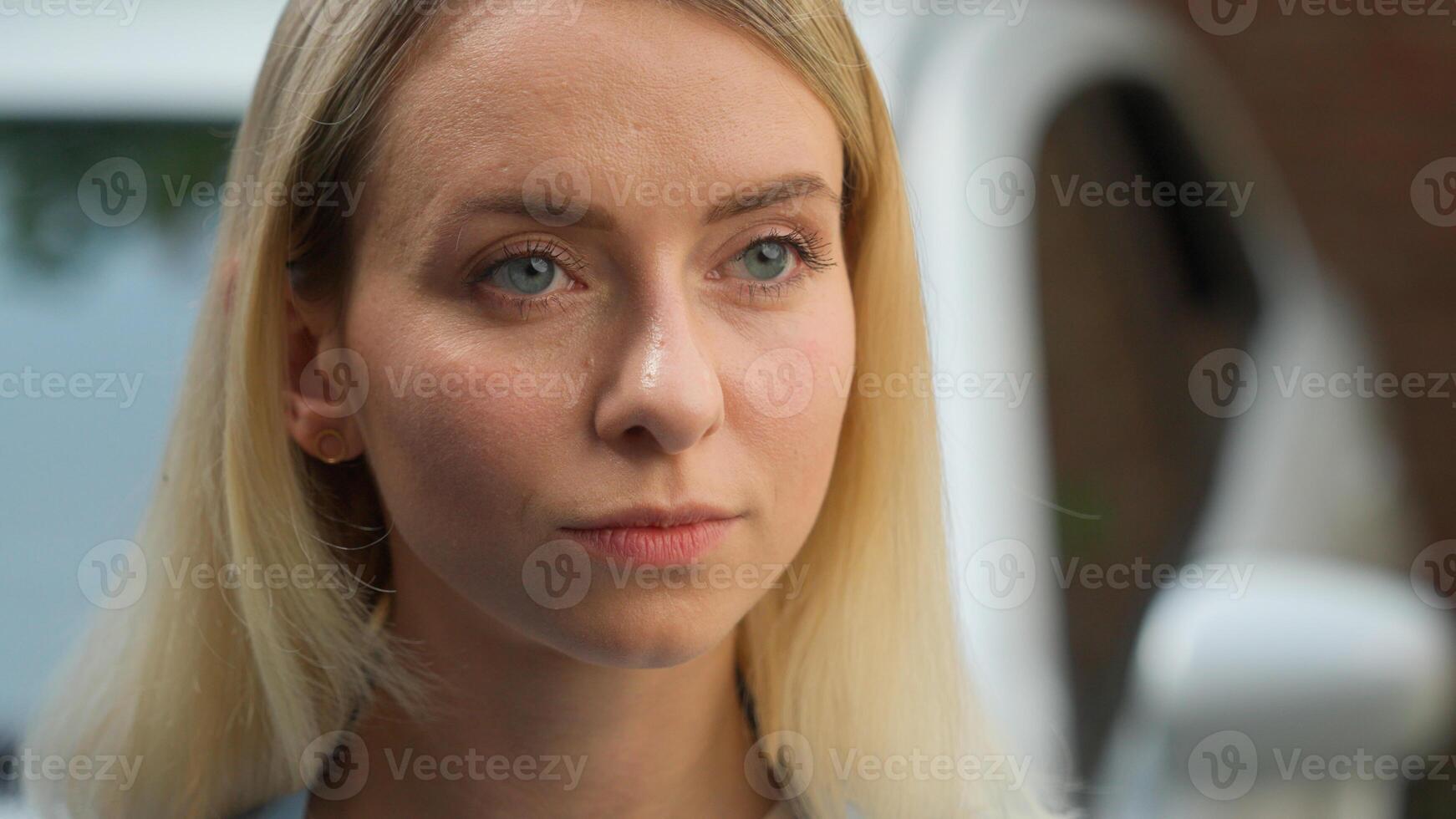 Portrait satisfied Caucasian girl woman owner client automobile purchaser lady posing smile healthy white teeth in city businesswoman female looking at camera retail business car driver purchase auto photo