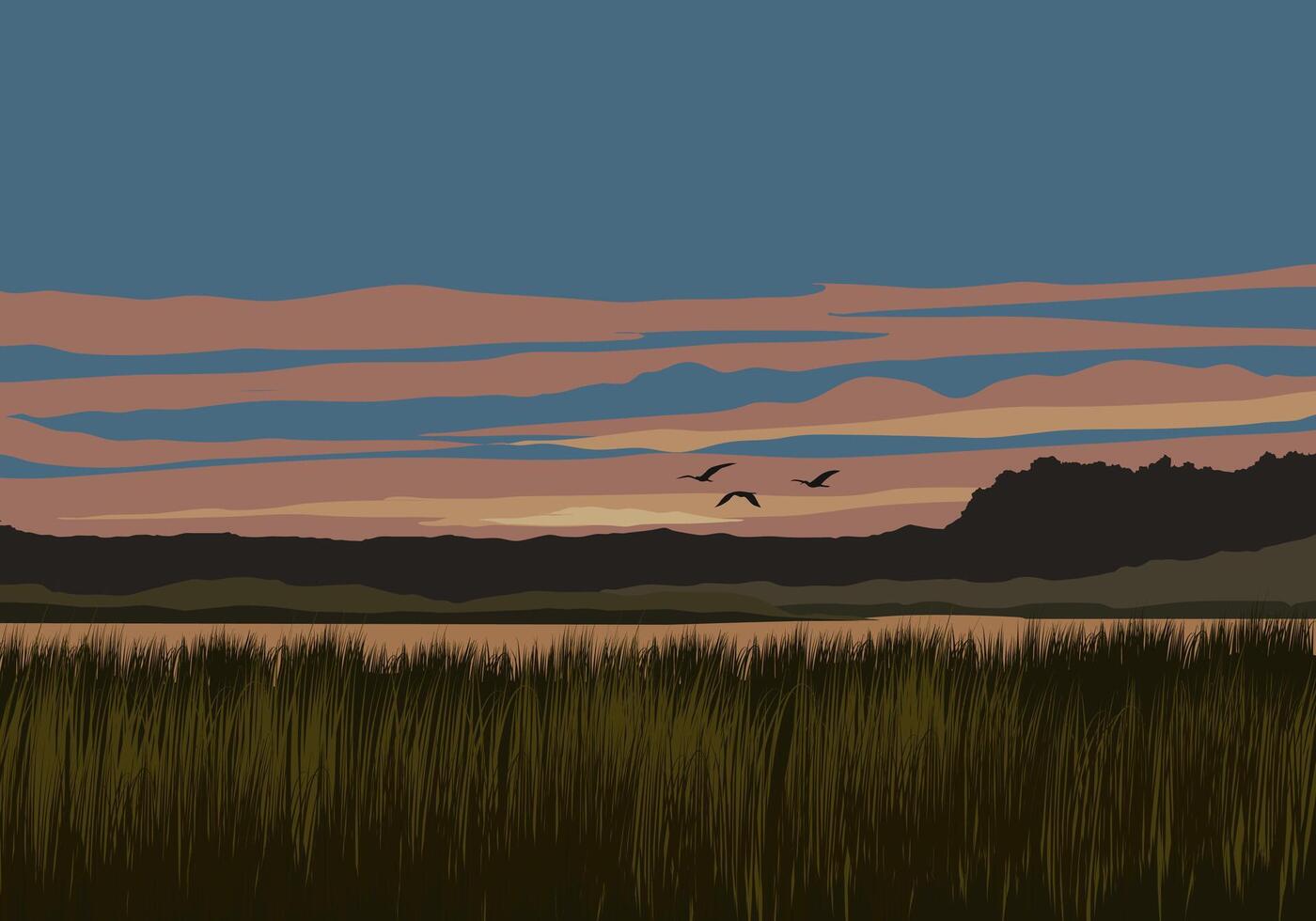 Sunset in the riverside with flying birds vector