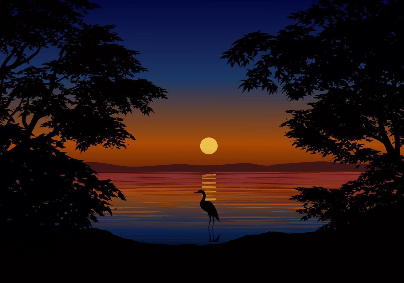 Beautiful tranquil sunset over the lake with silhouette of bird and trees in foreground vector