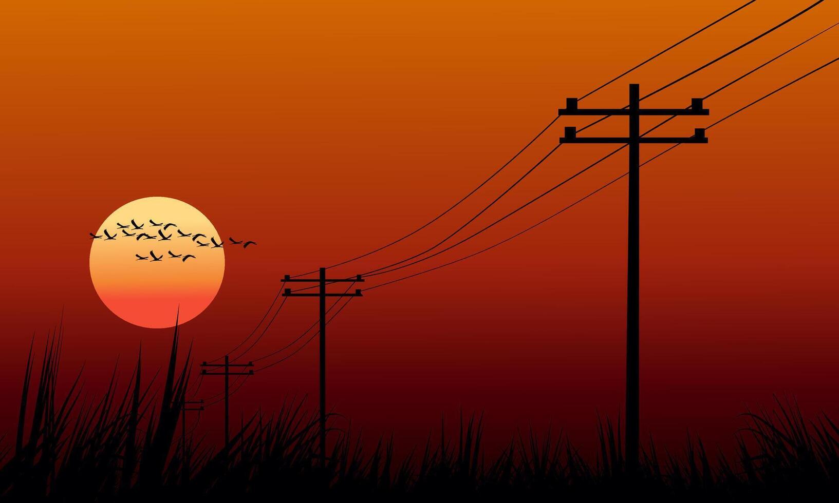 Power lines in red sunset vector
