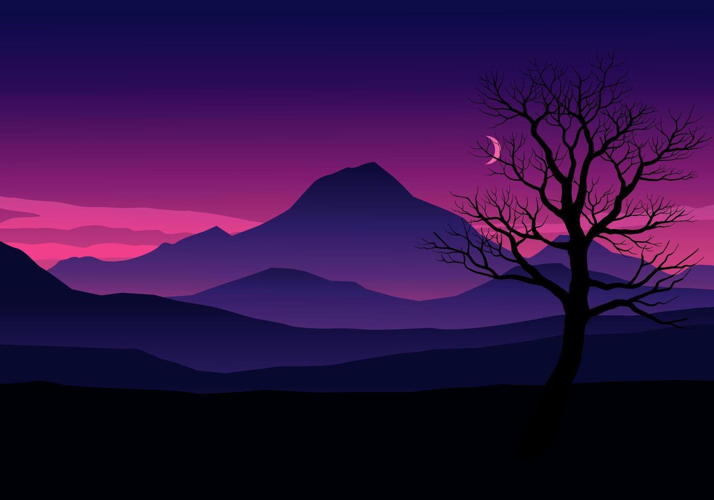 Mountain night landscape illustration with tree silhouette vector