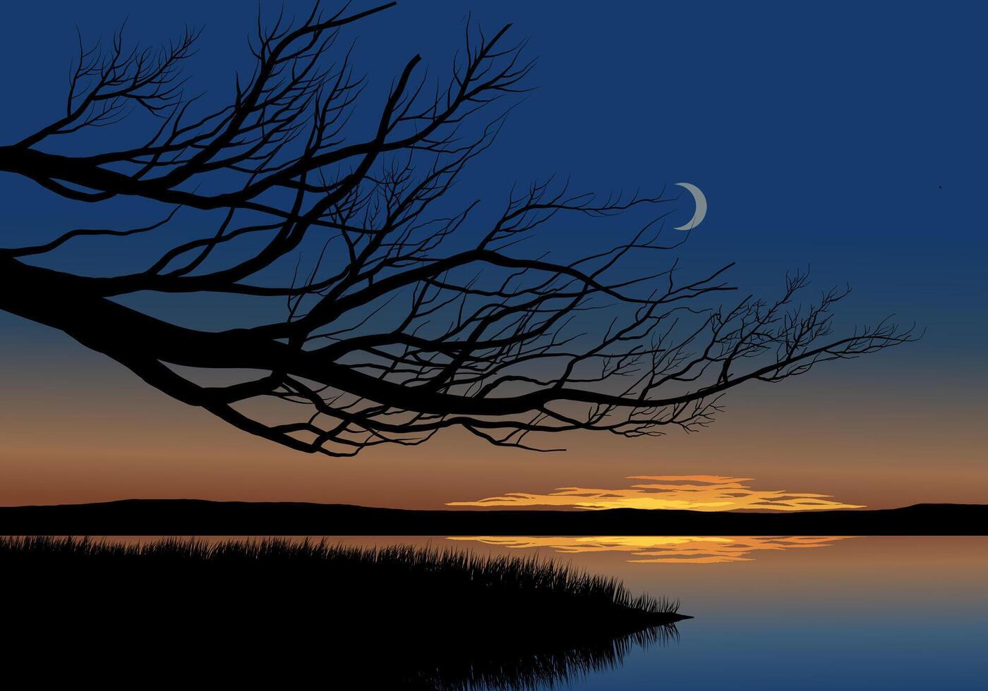 Beautiful calm sunset over the lake with silhouette of old tree vector