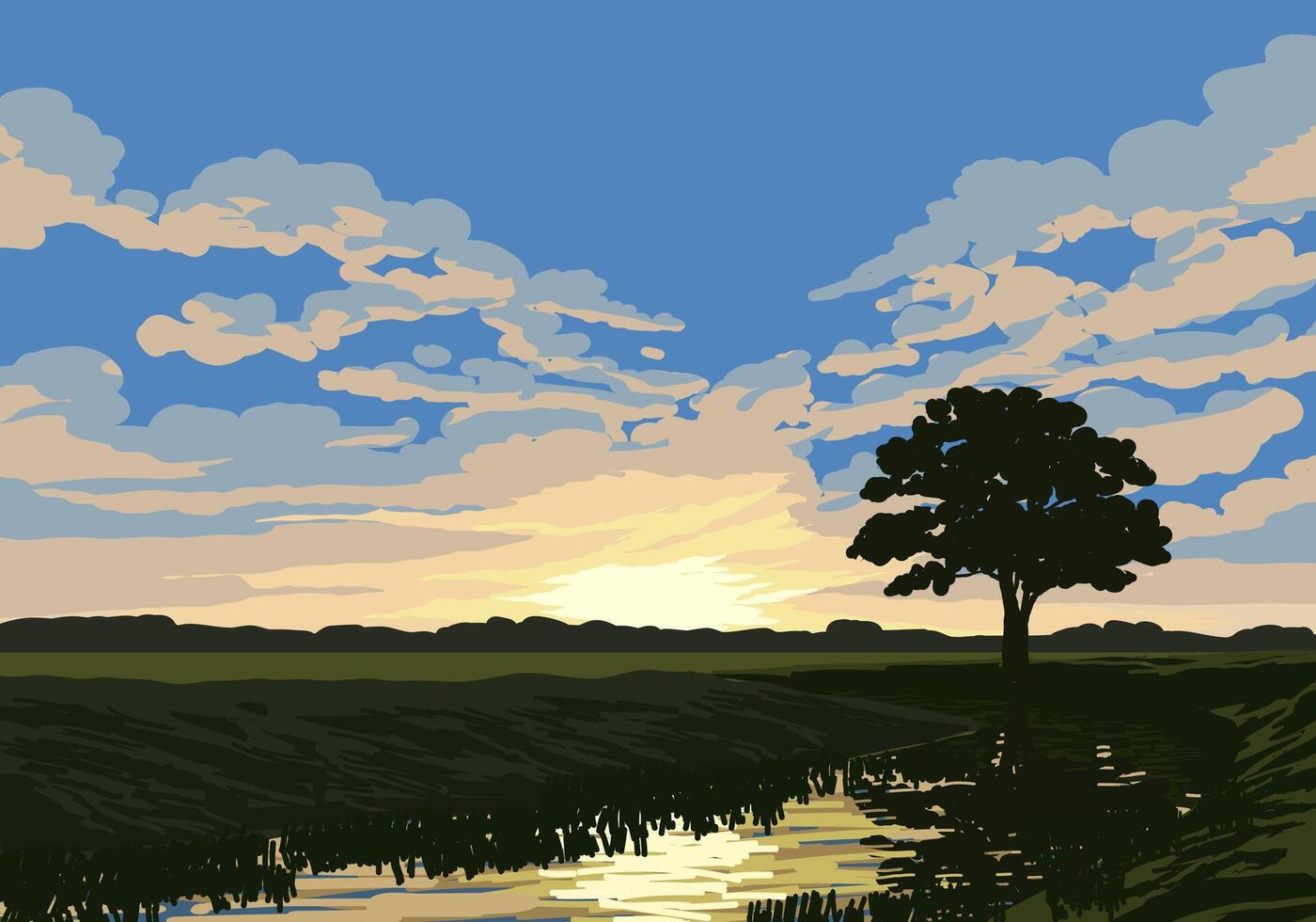 Sunset sky illustration with a tree and river vector
