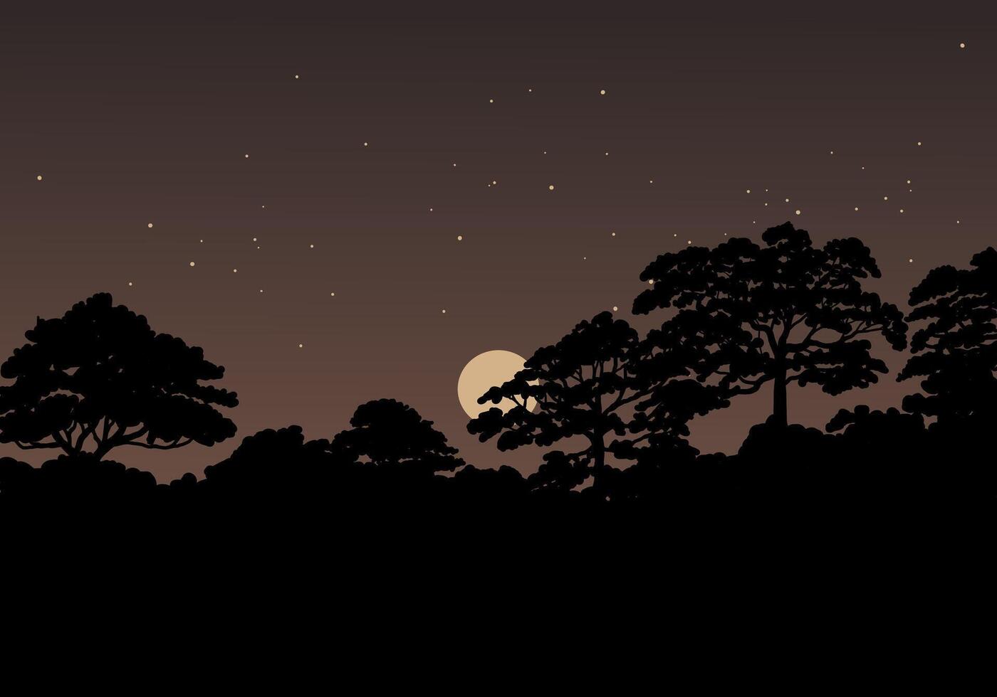 Starry night sky with full moon and silhouette of forest vector
