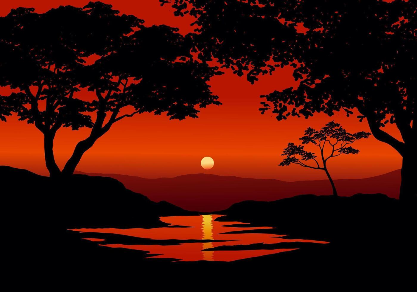 River and forest sunset. Silhouette of trees in foreground and the sun and red sky in background vector