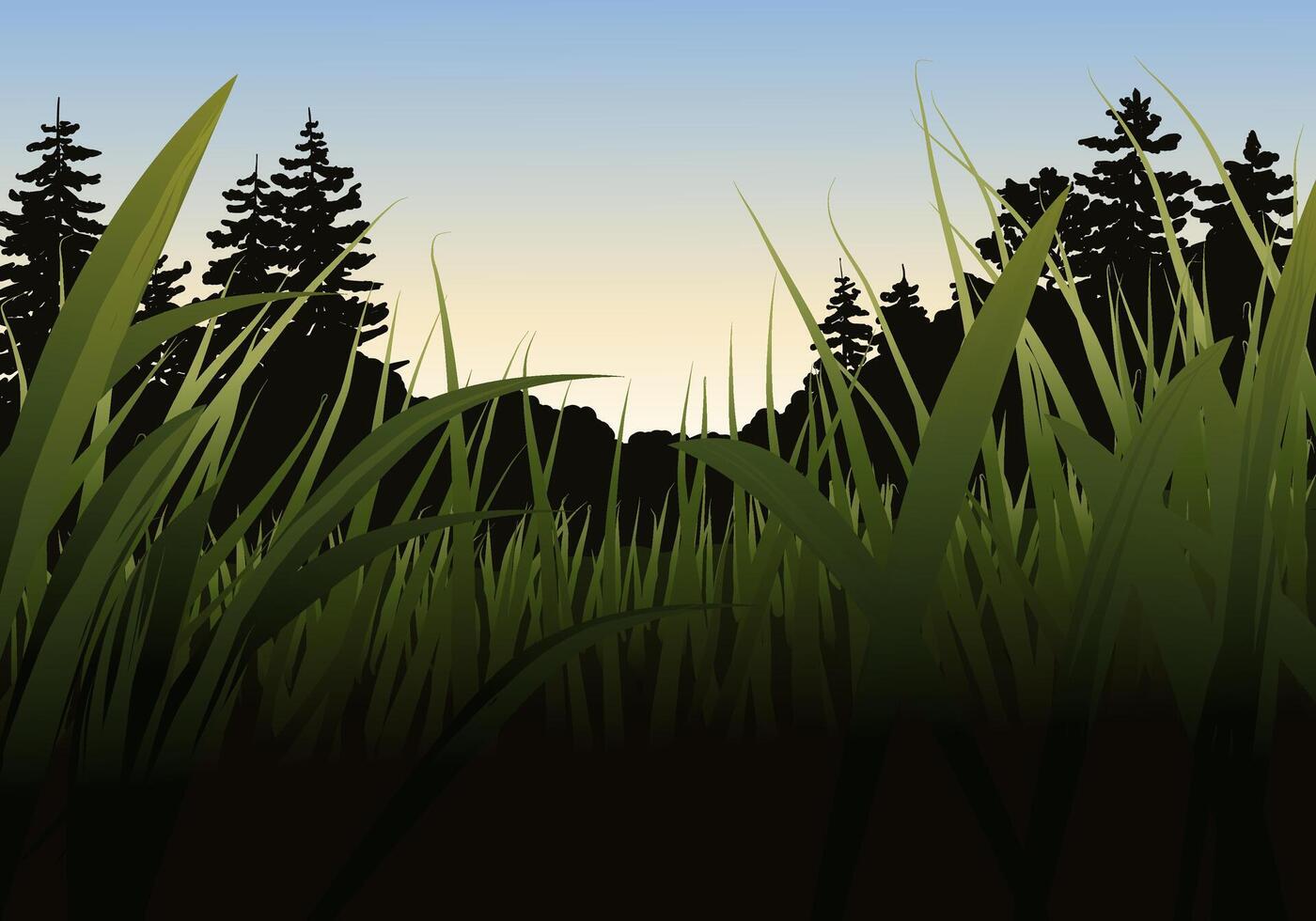 Sunrise in meadow with closeup of grass and silhouette of trees in background vector