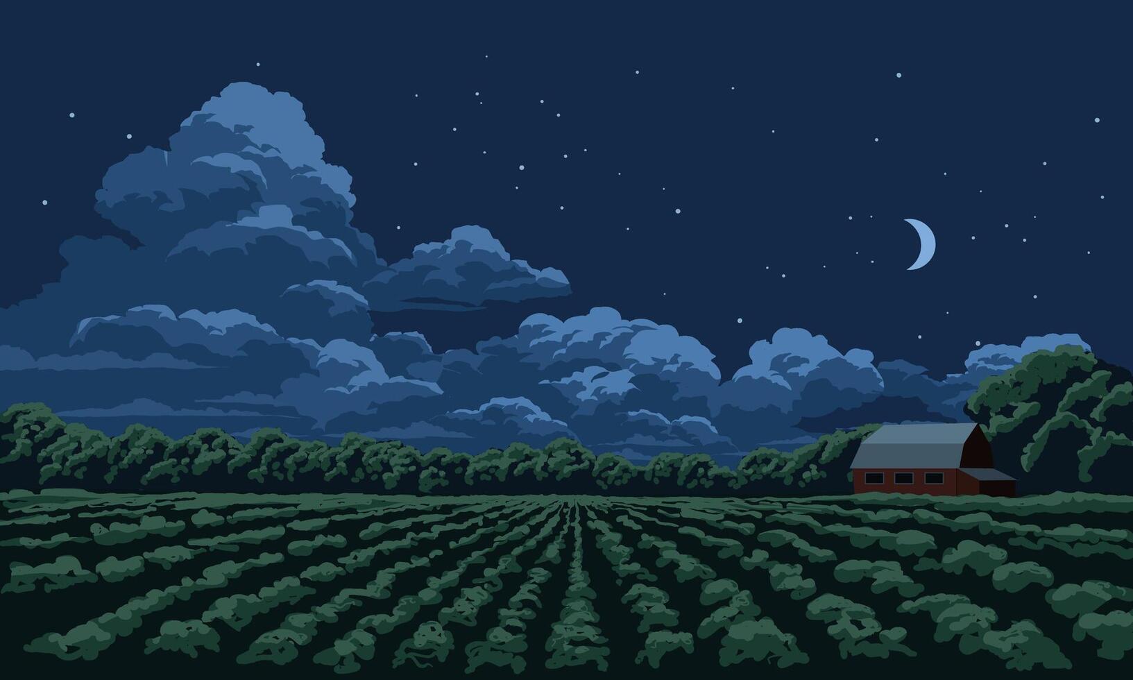 Beautiful night over agricultural field with crescent moon and stars vector