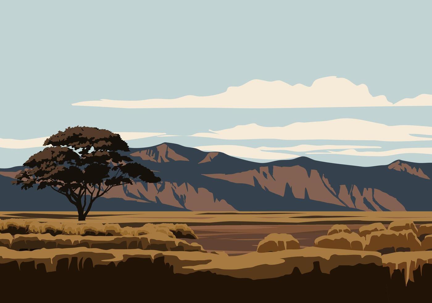 African savannah landscape illustration with mountain vector