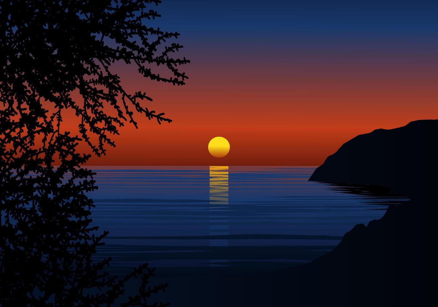 Nature background with beautiful sunset view over the sea and silhouette of trees vector