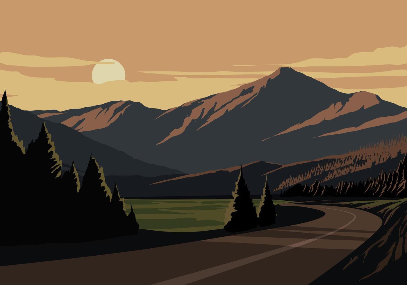 Rural sunset landscape illustration with road and mountain vector