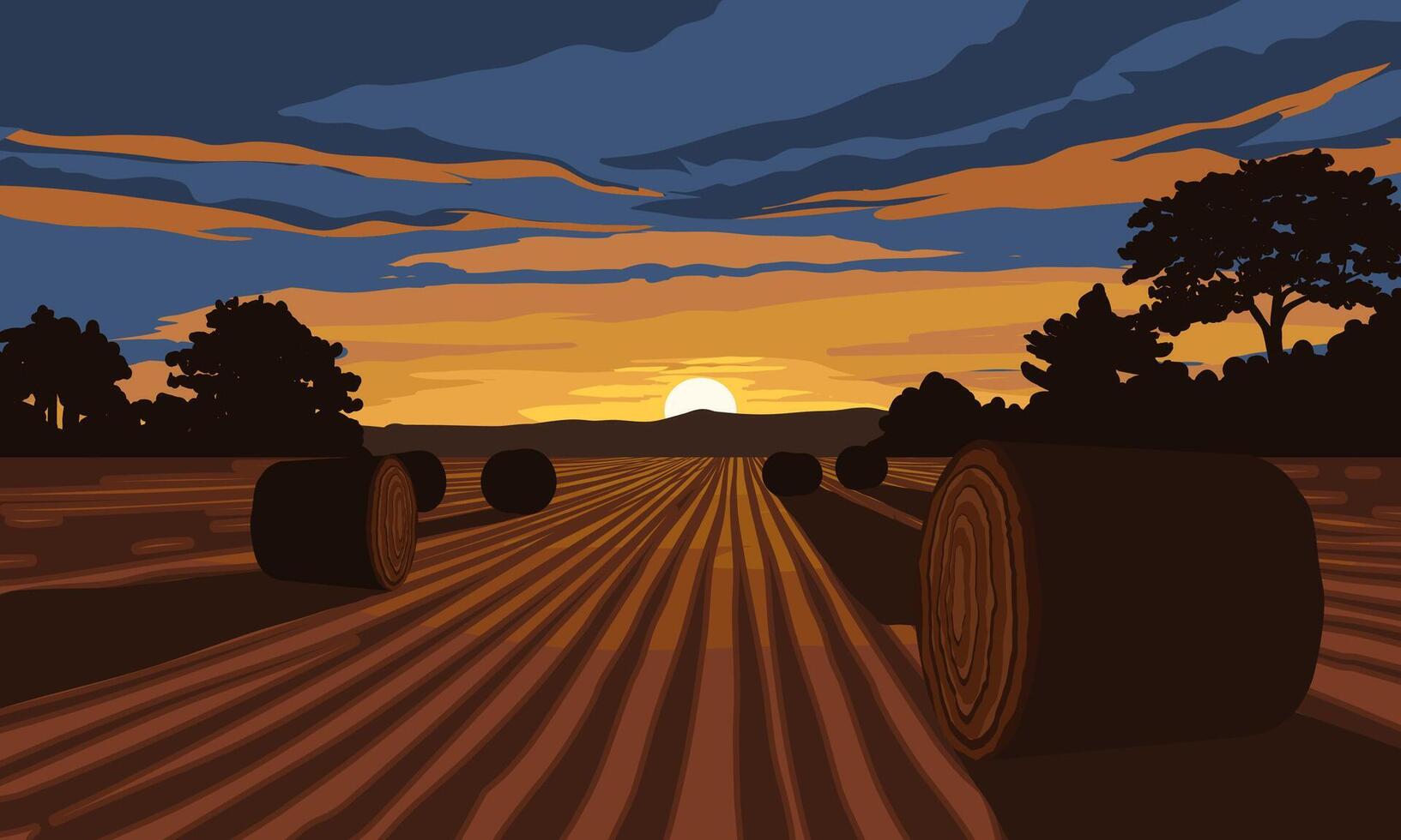 Countryside sunset landscape with agricultural field and hays vector