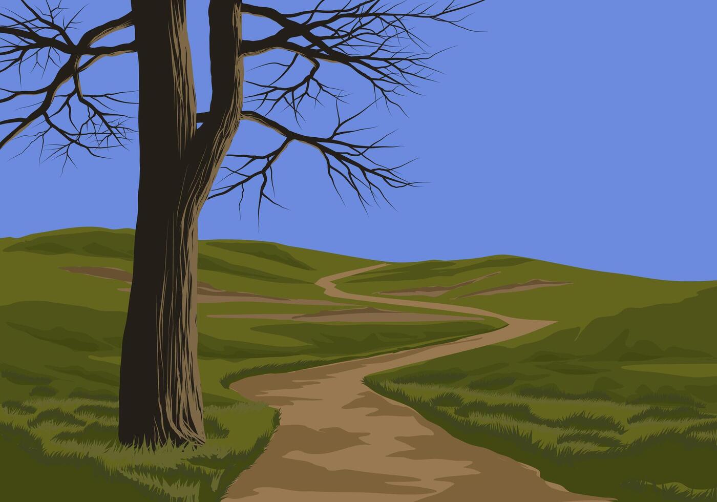 Grassland landscape with a tree and footpath vector