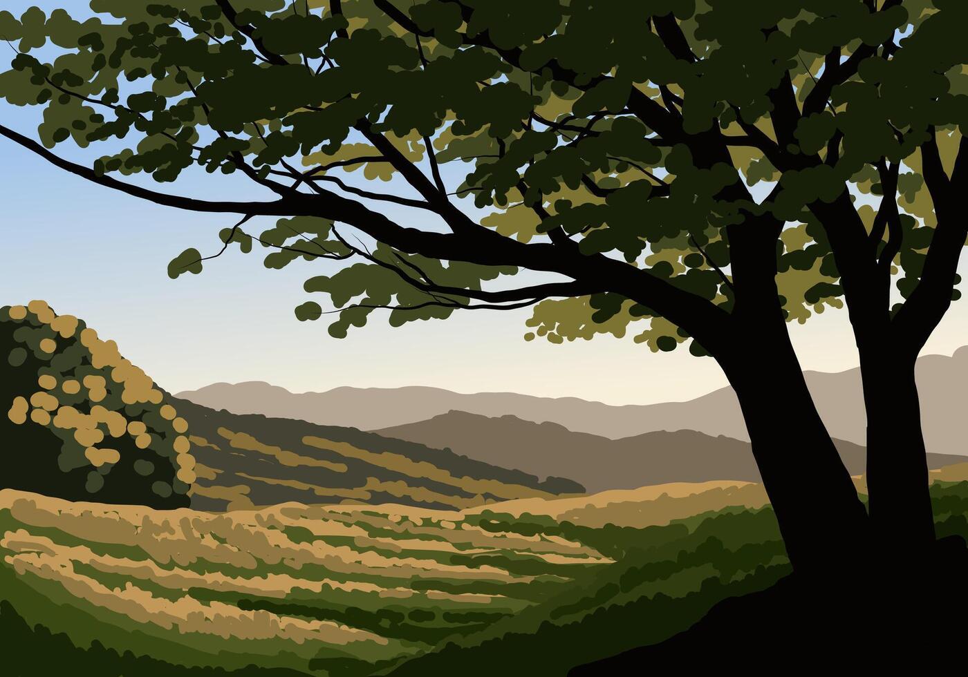 Grassland sunrise illustration with a tree in the foreground vector