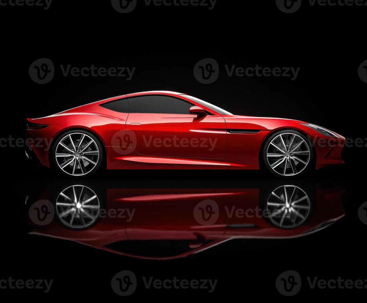 Sleek red sports car showcased in dramatic lighting with reflections on a dark surface photo