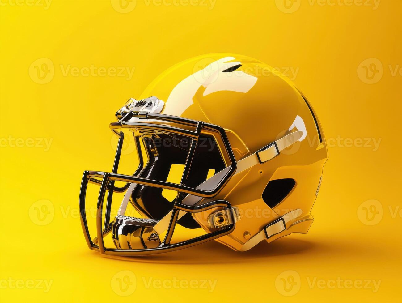 Bright yellow football helmet against a solid yellow background showcasing its sleek design and protective features photo