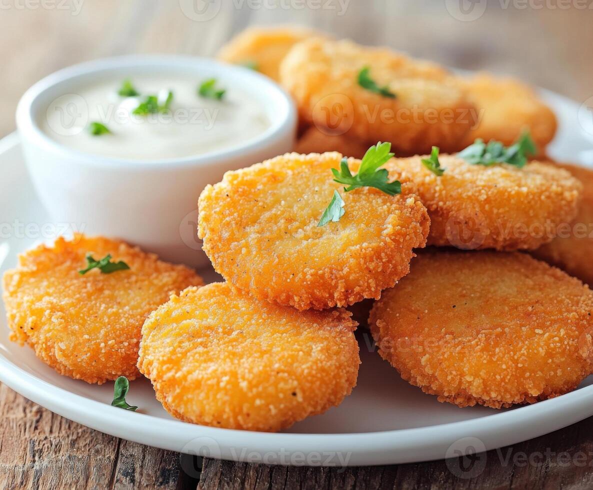 Crispy coconut-coated nuggets served with dipping sauce on a rustic wooden table photo