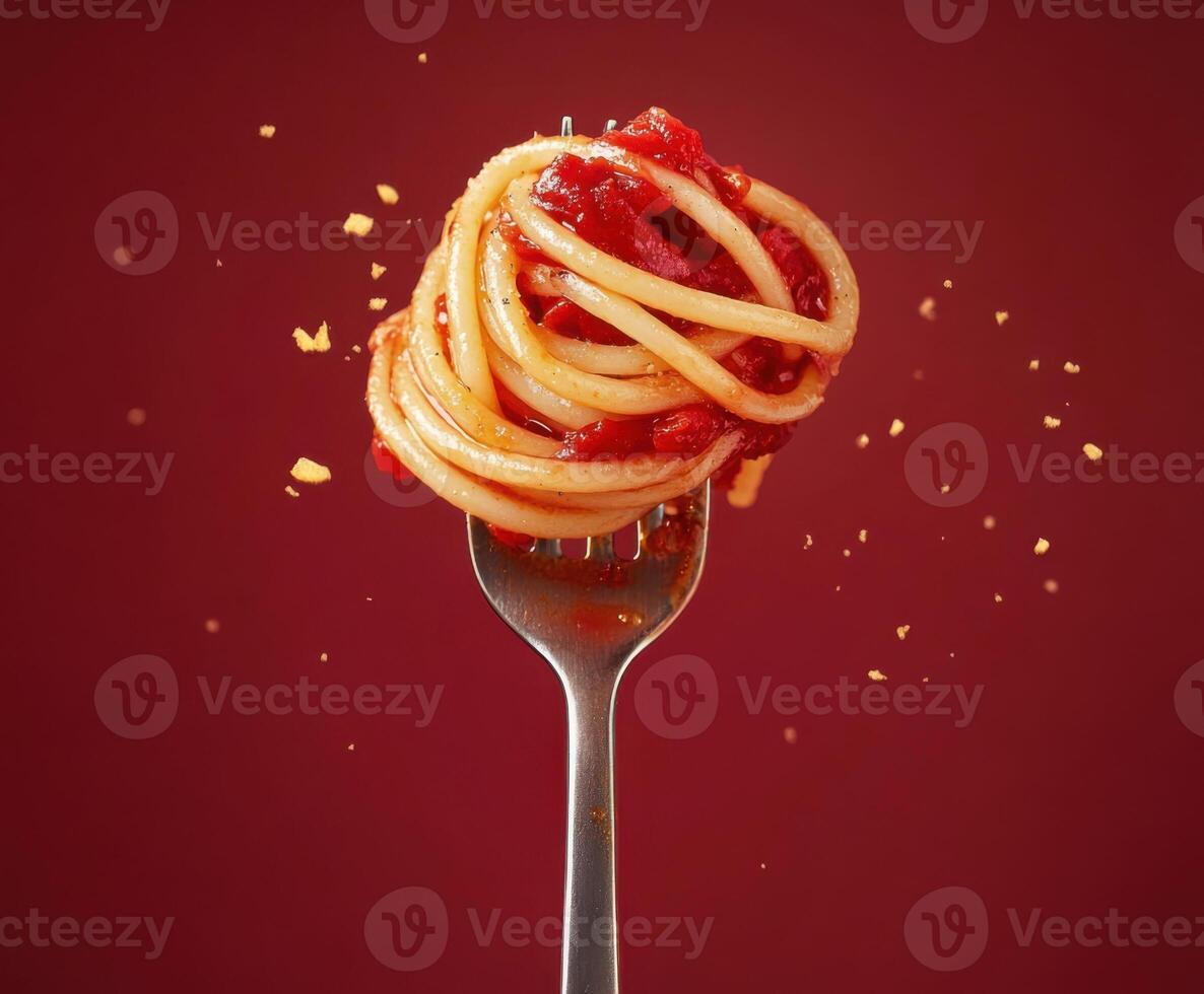 Fork holding a twirled portion of spaghetti topped with rich tomato sauce against a red backdrop photo