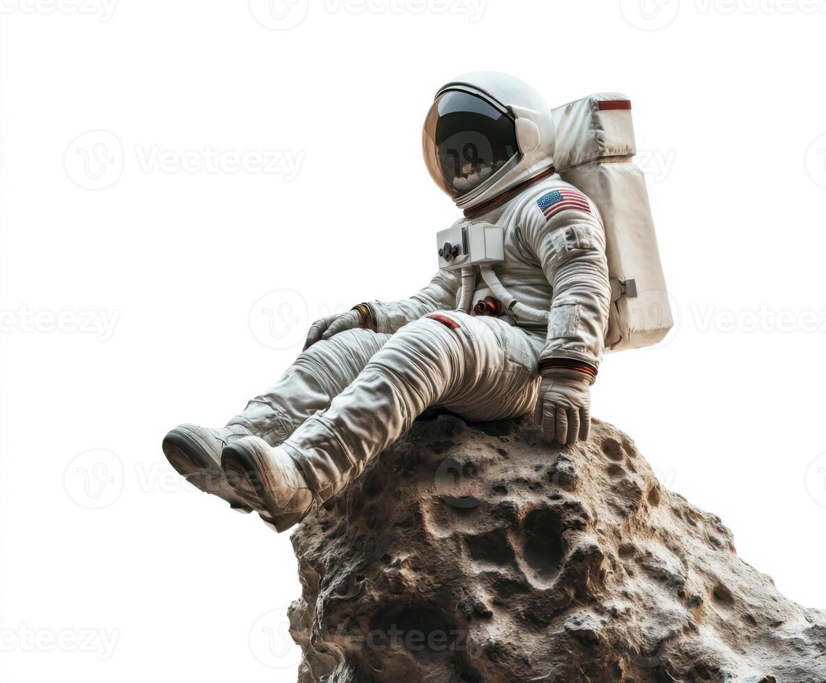 Astronaut resting on a rocky surface in a desolate space environment during a mission photo