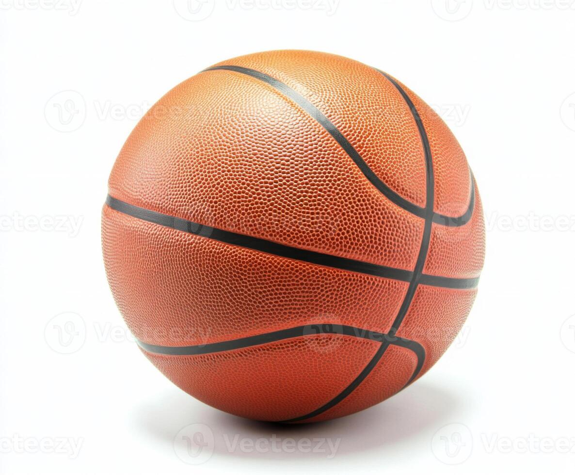 Bright orange basketball resting on a smooth surface with a glossy backdrop showcasing its texture and design photo