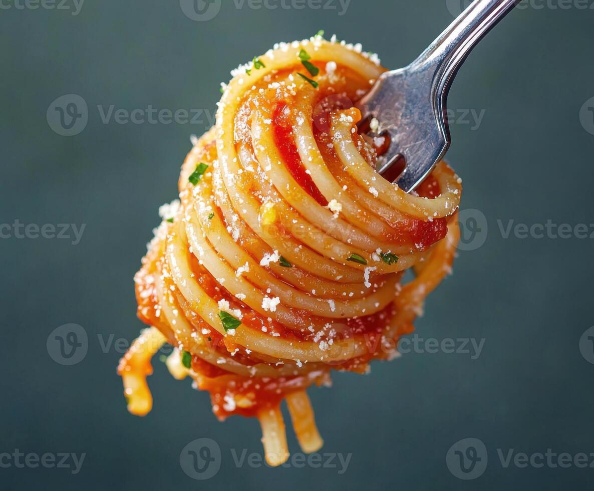 Delicious spaghetti twirled on fork with rich tomato sauce and herbs ready for enjoyment photo