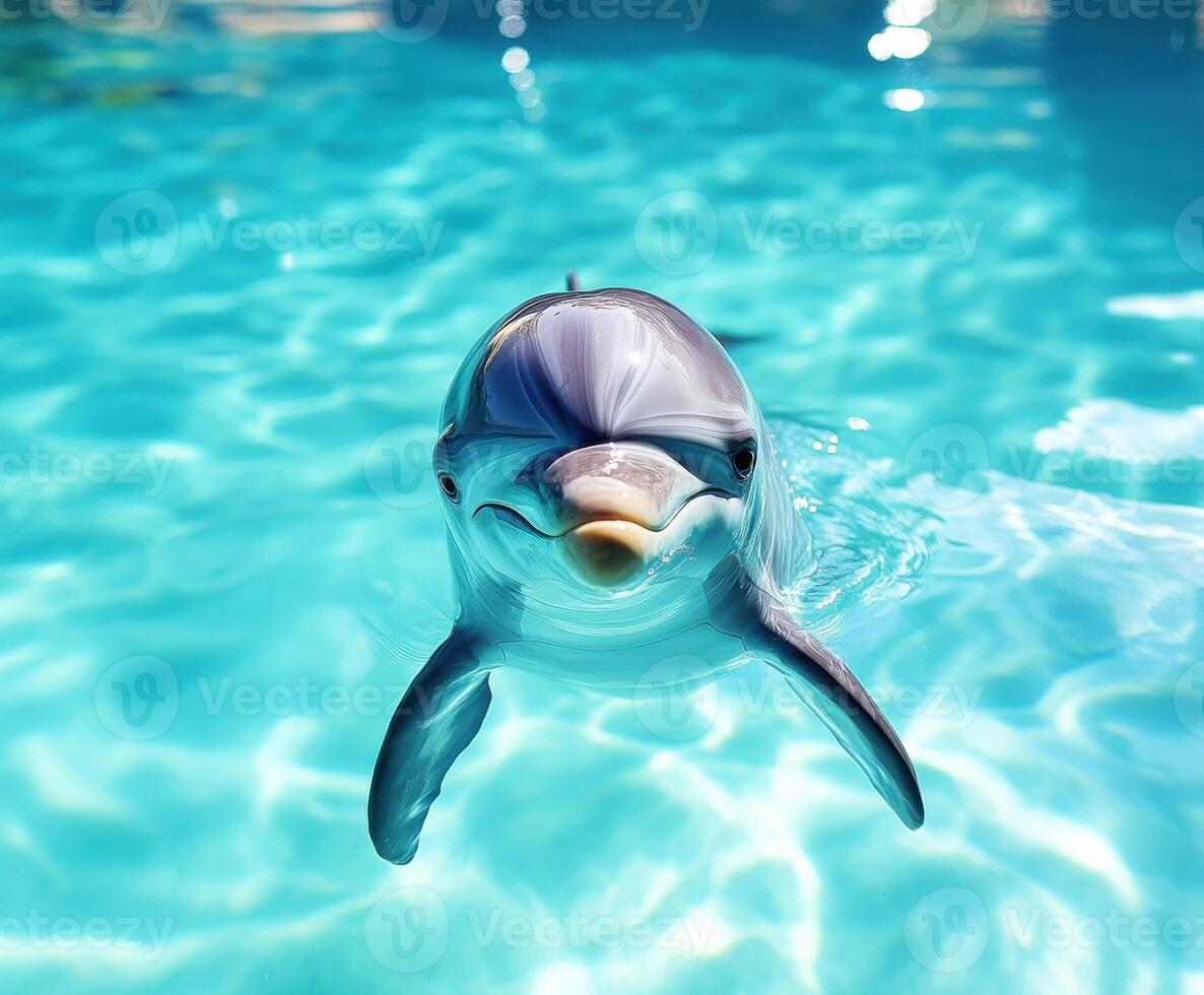 Dolphin swimming in clear blue water in a pool on a sunny day showing playful expression photo