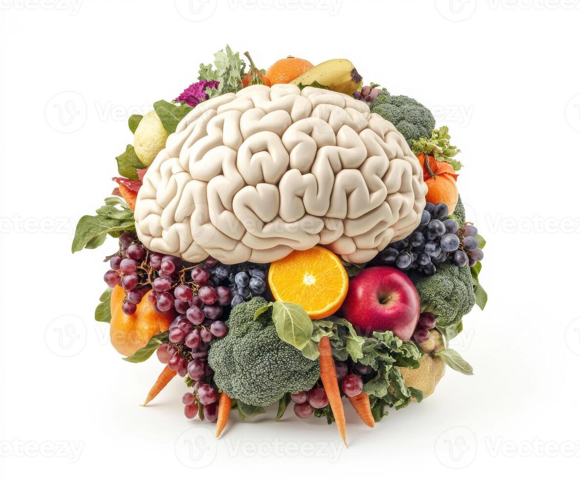Unique arrangement of fruits and vegetables shaped like a human brain promotes healthy eating habits in creative art display photo
